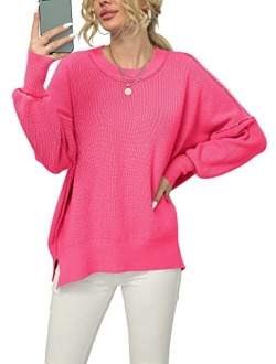 Women Crewneck Batwing Sleeve Oversized Side Slit Ribbed Knit Pullover Sweater Top