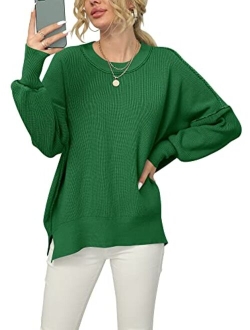 Women Crewneck Batwing Sleeve Oversized Side Slit Ribbed Knit Pullover Sweater Top