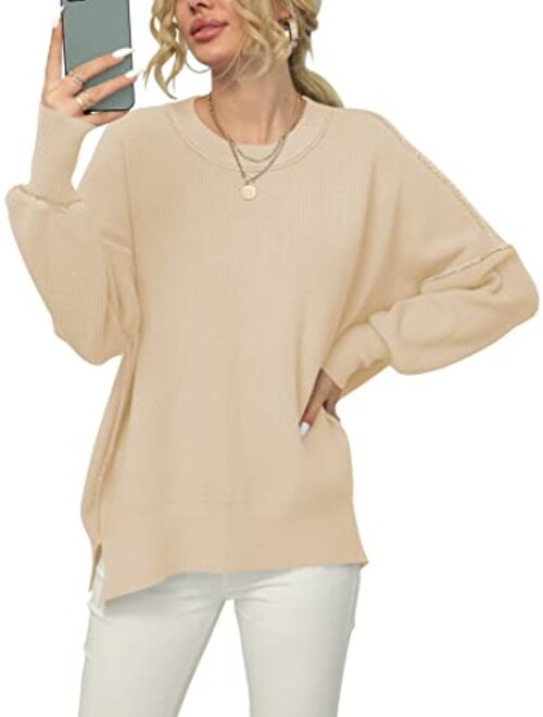 ANRABESS Women Crewneck Batwing Sleeve Oversized Side Slit Ribbed Knit Pullover Sweater Top