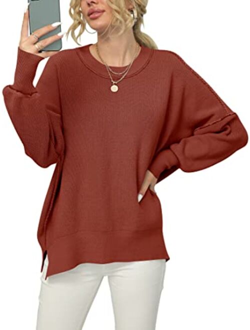 ANRABESS Women Crewneck Batwing Sleeve Oversized Side Slit Ribbed Knit Pullover Sweater Top