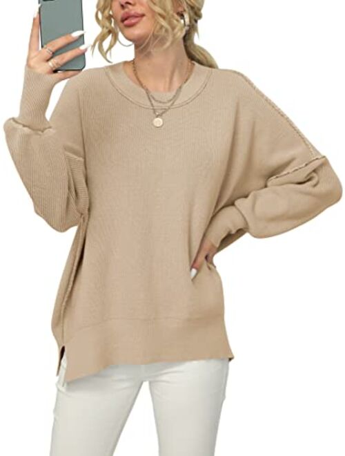 ANRABESS Women Crewneck Batwing Sleeve Oversized Side Slit Ribbed Knit Pullover Sweater Top