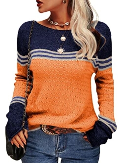 Danedvi Women Autumn Winter Colorblock Pullover Sweaters Round Neck Striped Slim Fitting Knitwear Tops