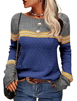 Danedvi Women Autumn Winter Colorblock Pullover Sweaters Round Neck Striped Slim Fitting Knitwear Tops