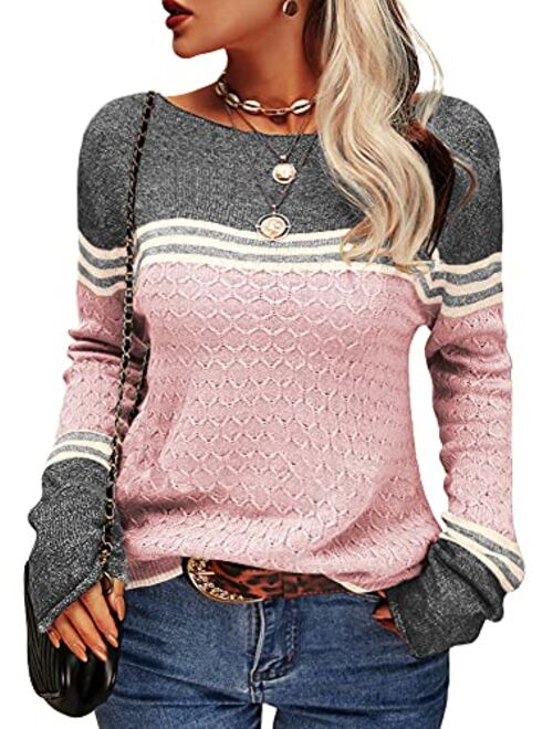 Danedvi Women Autumn Winter Colorblock Pullover Sweaters Round Neck Striped Slim Fitting Knitwear Tops