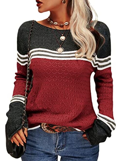 Danedvi Women Autumn Winter Colorblock Pullover Sweaters Round Neck Striped Slim Fitting Knitwear Tops