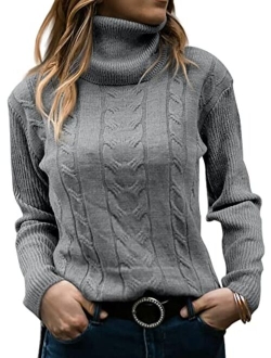 Langwyqu Womens Turtleneck Sweaters Long Sleeve Pullover Cable Knit Sweaters Soft Jumper