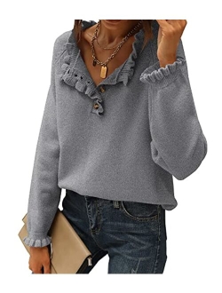 BTFBM Women's Sweaters Casual Long Sleeve Button Down Crew Neck Ruffle Knit Pullover Sweater Tops Solid Color Striped