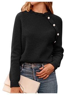 BTFBM Women's Sweaters Casual Long Sleeve Button Down Crew Neck Ruffle Knit Pullover Sweater Tops Solid Color Striped