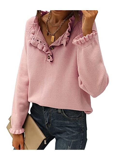 BTFBM Women's Sweaters Casual Long Sleeve Button Down Crew Neck Ruffle Knit Pullover Sweater Tops Solid Color Striped