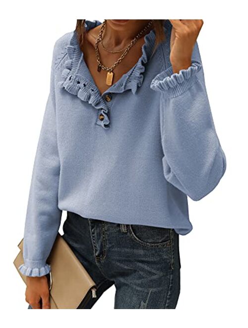 BTFBM Women's Sweaters Casual Long Sleeve Button Down Crew Neck Ruffle Knit Pullover Sweater Tops Solid Color Striped