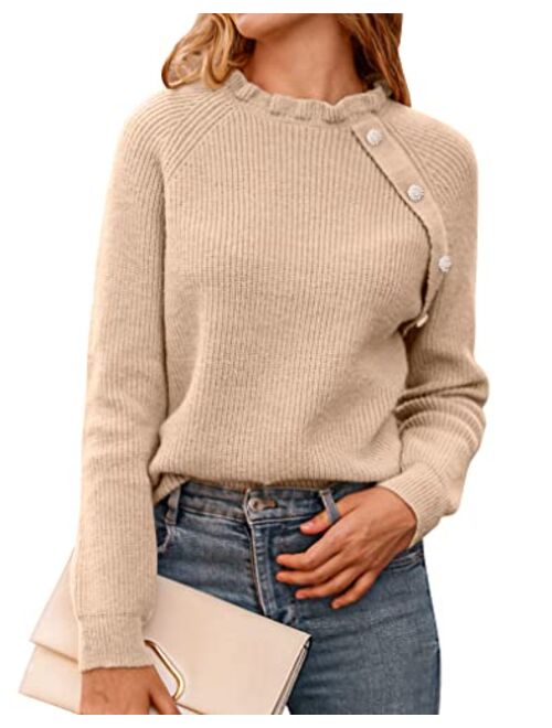 BTFBM Women's Sweaters Casual Long Sleeve Button Down Crew Neck Ruffle Knit Pullover Sweater Tops Solid Color Striped