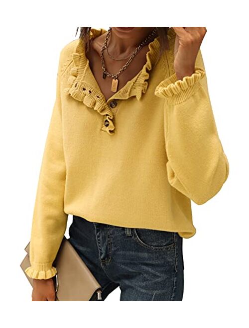 BTFBM Women's Sweaters Casual Long Sleeve Button Down Crew Neck Ruffle Knit Pullover Sweater Tops Solid Color Striped