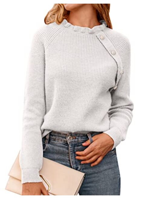 BTFBM Women's Sweaters Casual Long Sleeve Button Down Crew Neck Ruffle Knit Pullover Sweater Tops Solid Color Striped