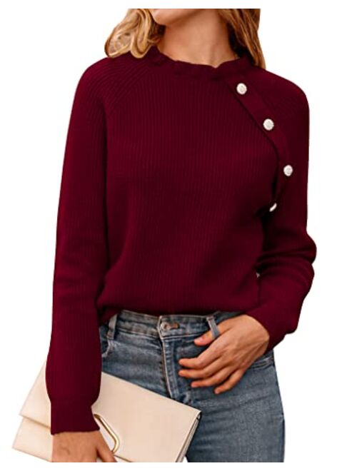 BTFBM Women's Sweaters Casual Long Sleeve Button Down Crew Neck Ruffle Knit Pullover Sweater Tops Solid Color Striped