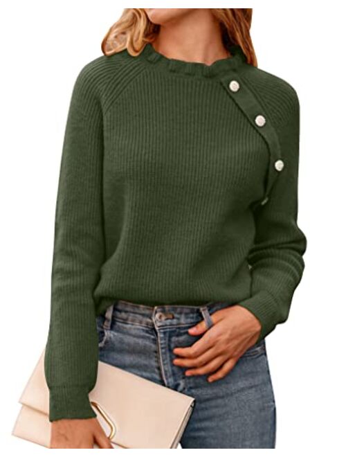 BTFBM Women's Sweaters Casual Long Sleeve Button Down Crew Neck Ruffle Knit Pullover Sweater Tops Solid Color Striped