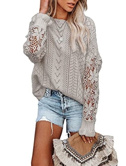 AlvaQ Women Lace Crochet Long Sleeve Crewneck Sweaters Winter Knit Pullover Jumper Tops