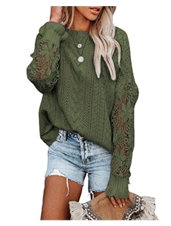 AlvaQ Women Lace Crochet Long Sleeve Crewneck Sweaters Winter Knit Pullover Jumper Tops