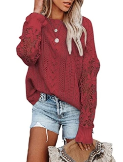 AlvaQ Women Lace Crochet Long Sleeve Crewneck Sweaters Winter Knit Pullover Jumper Tops