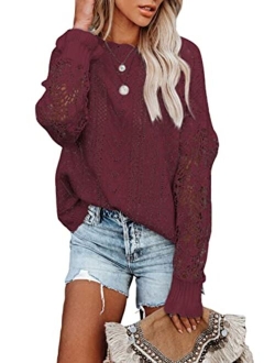 AlvaQ Women Lace Crochet Long Sleeve Crewneck Sweaters Winter Knit Pullover Jumper Tops