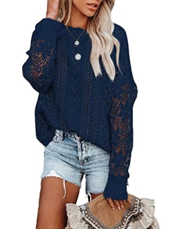 AlvaQ Women Lace Crochet Long Sleeve Crewneck Sweaters Winter Knit Pullover Jumper Tops