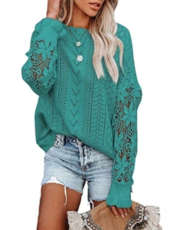 AlvaQ Women Lace Crochet Long Sleeve Crewneck Sweaters Winter Knit Pullover Jumper Tops