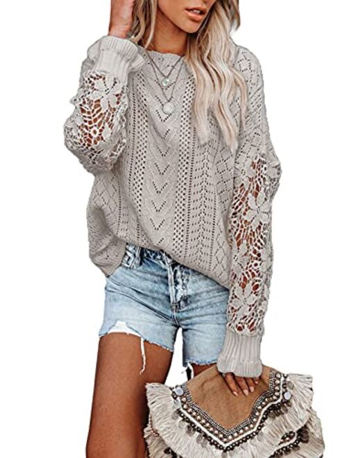 AlvaQ Women Lace Crochet Long Sleeve Crewneck Sweaters Winter Knit Pullover Jumper Tops