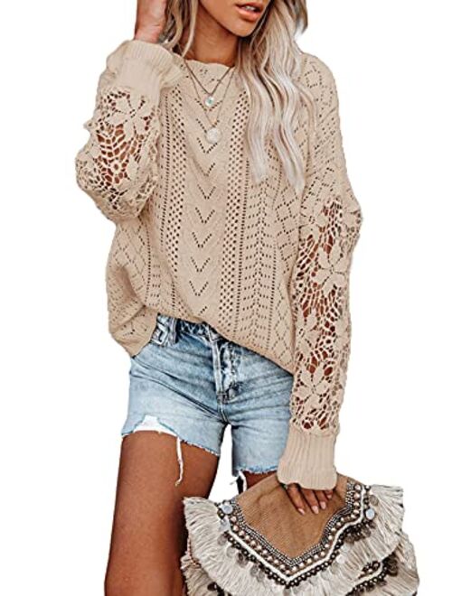 AlvaQ Women Lace Crochet Long Sleeve Crewneck Sweaters Winter Knit Pullover Jumper Tops