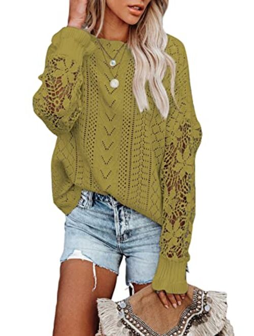 AlvaQ Women Lace Crochet Long Sleeve Crewneck Sweaters Winter Knit Pullover Jumper Tops