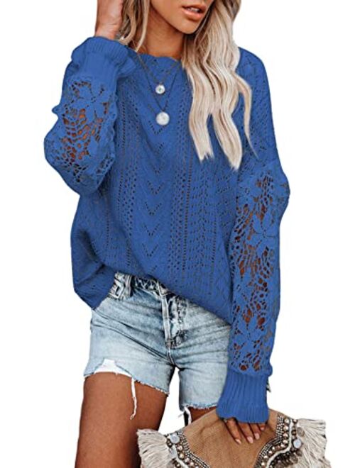 AlvaQ Women Lace Crochet Long Sleeve Crewneck Sweaters Winter Knit Pullover Jumper Tops