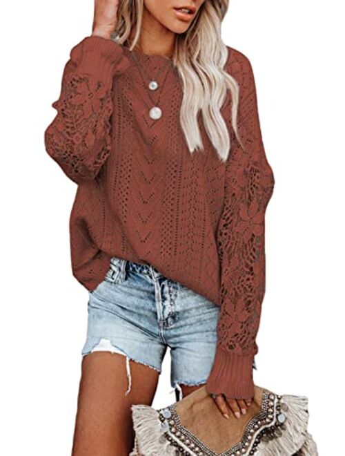 AlvaQ Women Lace Crochet Long Sleeve Crewneck Sweaters Winter Knit Pullover Jumper Tops