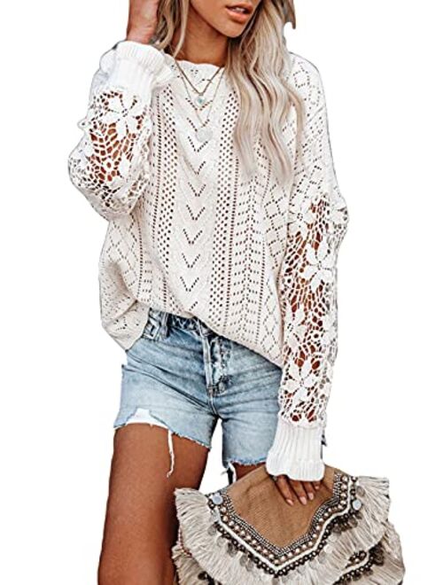 AlvaQ Women Lace Crochet Long Sleeve Crewneck Sweaters Winter Knit Pullover Jumper Tops