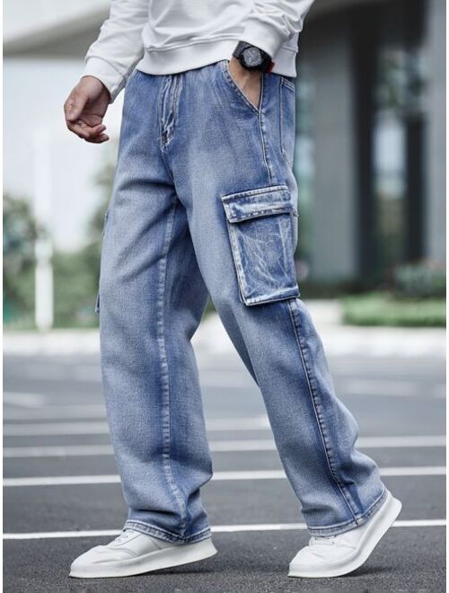 Buy Shein Men Bleach Wash Flap Pocket Side Cargo Jeans online | Topofstyle