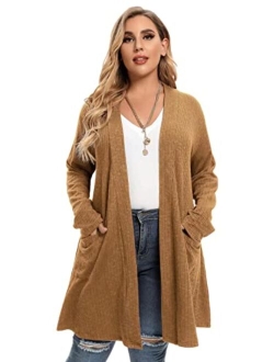 LARACE Open Front Knit Cardigan Sweaters for Women Plus Size Long Sleeve Tops with Pockets Lightweight for Winter