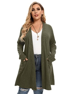 LARACE Open Front Knit Cardigan Sweaters for Women Plus Size Long Sleeve Tops with Pockets Lightweight for Winter