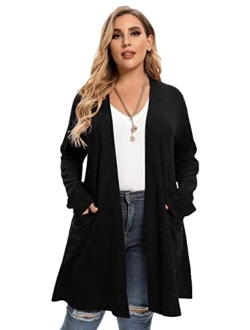 LARACE Open Front Knit Cardigan Sweaters for Women Plus Size Long Sleeve Tops with Pockets Lightweight for Winter