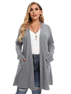 LARACE Open Front Knit Cardigan Sweaters for Women Plus Size Long Sleeve Tops with Pockets Lightweight for Winter