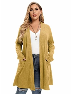 LARACE Open Front Knit Cardigan Sweaters for Women Plus Size Long Sleeve Tops with Pockets Lightweight for Winter