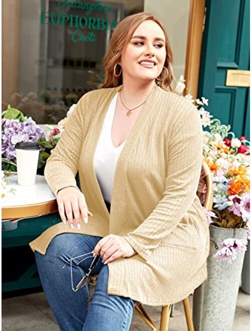 LARACE Open Front Knit Cardigan Sweaters for Women Plus Size Long Sleeve Tops with Pockets Lightweight for Winter