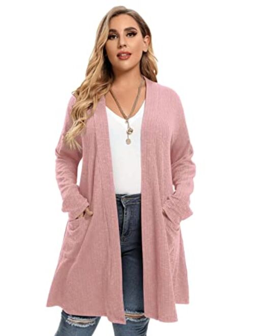 LARACE Open Front Knit Cardigan Sweaters for Women Plus Size Long Sleeve Tops with Pockets Lightweight for Winter