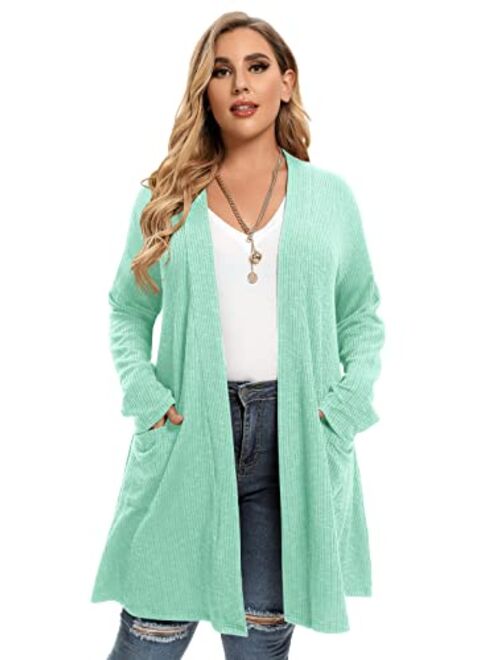 LARACE Open Front Knit Cardigan Sweaters for Women Plus Size Long Sleeve Tops with Pockets Lightweight for Winter