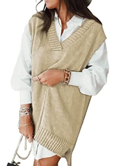 HOTAPEI Sweater Vest Women Oversized V Neck Sleeveless Sweaters Womens Cable Knit Tops