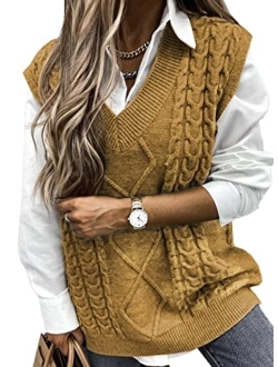 HOTAPEI Sweater Vest Women Oversized V Neck Sleeveless Sweaters Womens Cable Knit Tops