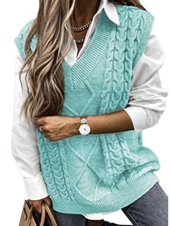 HOTAPEI Sweater Vest Women Oversized V Neck Sleeveless Sweaters Womens Cable Knit Tops