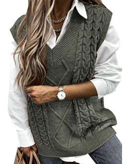 HOTAPEI Sweater Vest Women Oversized V Neck Sleeveless Sweaters Womens Cable Knit Tops