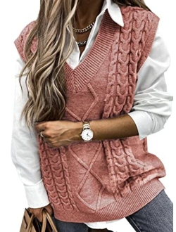 HOTAPEI Sweater Vest Women Oversized V Neck Sleeveless Sweaters Womens Cable Knit Tops