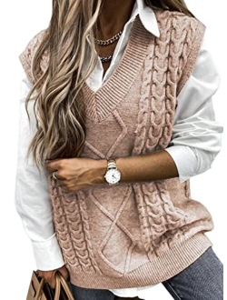 HOTAPEI Sweater Vest Women Oversized V Neck Sleeveless Sweaters Womens Cable Knit Tops