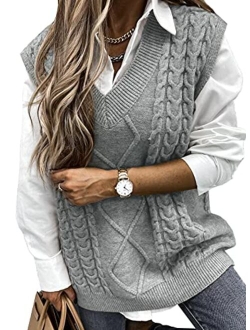 HOTAPEI Sweater Vest Women Oversized V Neck Sleeveless Sweaters Womens Cable Knit Tops