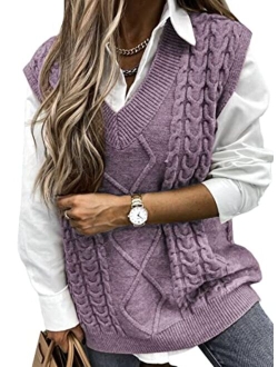 HOTAPEI Sweater Vest Women Oversized V Neck Sleeveless Sweaters Womens Cable Knit Tops