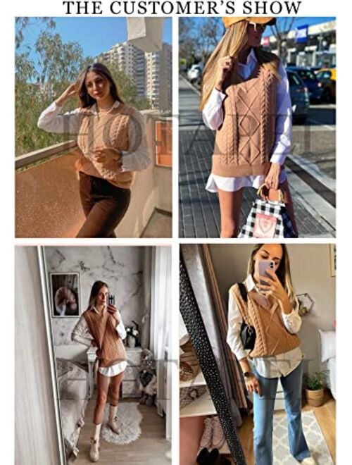 HOTAPEI Sweater Vest Women Oversized V Neck Sleeveless Sweaters Womens Cable Knit Tops