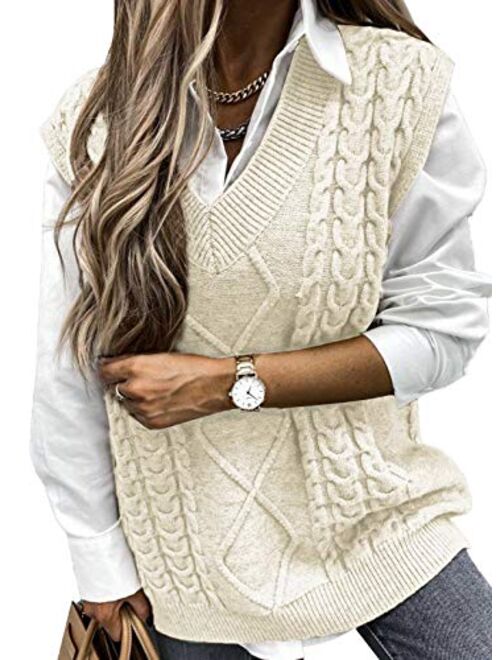 HOTAPEI Sweater Vest Women Oversized V Neck Sleeveless Sweaters Womens Cable Knit Tops